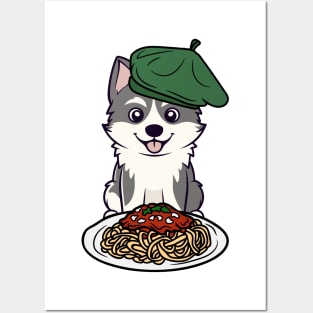 Cute Husky Dog is eating spaghetti Posters and Art